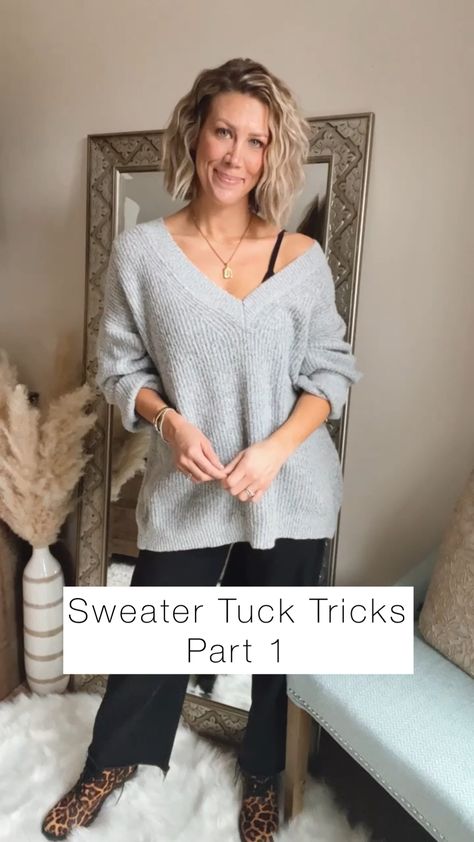 Shop V-neck Sweater and other curated products on LTK, the easiest way to shop everything from your favorite creators. How To Tuck A Chunky Sweater, How To Tie An Oversized Sweater, Styling Baggy Sweaters, How To Style Vneck Sweater, Style Big Sweater, How To Front Tuck A Sweater, Styling Big Sweaters, Styling Long Sweaters, How To Tuck Oversized Sweatshirt