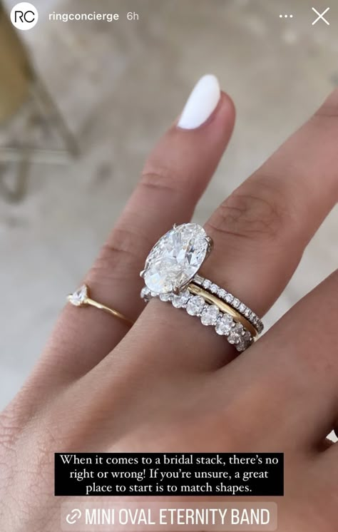 Wedding Ring Upgrades, Whitney Simmons Engagement Ring, Wedding Bands To Pair With Oval, Oval Wedding Stack Rings, Wedding Ring With 2 Bands, White Gold Engagement Ring With Gold Wedding Band, Stacked Wedding Bands Mixed Metal, Two Band Wedding Ring, Two Band Wedding Ring Set