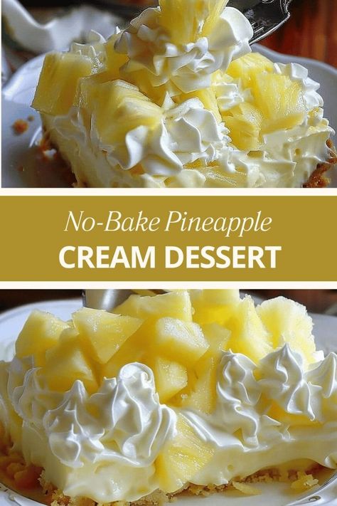 No-Bake Pineapple Cream Dessert Pineapple Cream Dessert, Pineapple Desert, Pineapple Casserole, Pineapple Dessert, Pineapple Dessert Recipes, Baked Pineapple, Pineapple Desserts, Refreshing Desserts, Easy No Bake Desserts