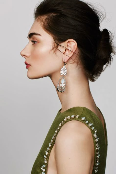 Play up an embellished top with equally dazzling earrings. Kent & King Crystal Chandelier Earrings, $24, nordstrom.com; Tory Burch 'Rachel' Embellished Linen Tabard Tank, $895, nordstrom.com Photo: Jeff Allen Female Side Profile, Side Portrait, Comic Face, Face Profile, Dazzling Earrings, Crystal Chandelier Earrings, Female Profile, Img Models, Embellished Top