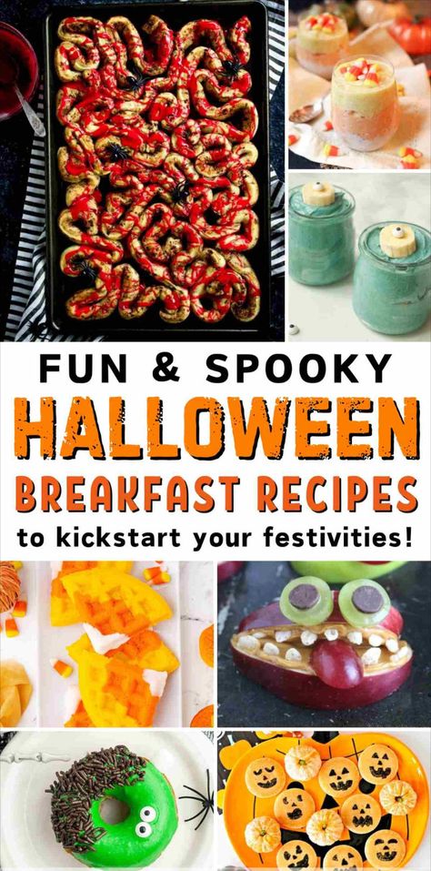 a collage of Halloween breakfast recipes Halloween Breakfast Charcuterie Board, Easy Jack O Lantern Faces, Spooky Breakfast Ideas, Ghost Pancakes, Halloween Breakfast Ideas For Kids, Halloween Breakfast Food, Easy Jack O Lantern, Spooky Breakfast, Halloween Breakfast Ideas