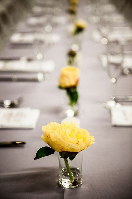 Wedding reception table; flowers by Pot & Box, photo by Sam Doyle Photography. Flyer Inspiration, Yellow Rose Flower, Modern Centerpieces, Yellow Wedding Flowers, Tafel Decor, Rose Centerpieces, Box Photo, Wedding Table Flowers, Flowers Yellow