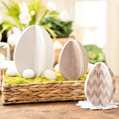 Unfinished Slotted Eggs 3pc By Unfinished Wood Co | Michaels® Classy Easter Decor, Modern Easter Decor, Easter Scene, Modern Easter, Easter Wood Crafts, Farmhouse Easter Decor, Spring Table Decor, Wood Eggs, Easter Craft Decorations