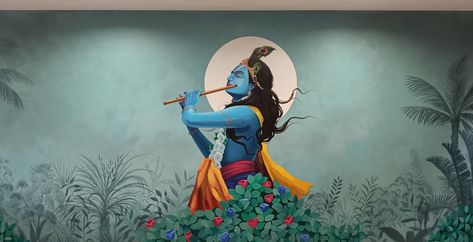 Wall painting Krishna Painting On Wall, Krishna Pc Wallpaper, Wall Painting Ideas Indian, Krishna Wall Painting, Krishna Wall Art, God Painting, Horizontal Painting, Soft Pastel Art, Radha Painting