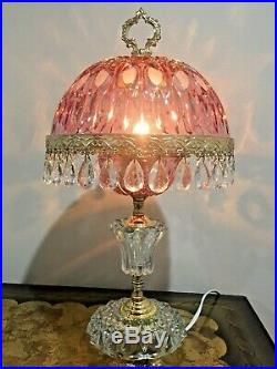 Vintage Michelotti Crystal Glass Prism Boudoir Parlor Table Lamp Pink Parlor Table, Glass Prism, Lamp Pink, Victorian Parlor, Brass Wall Hanging, Pink Lamp, Crystal Prisms, Antique Lamps, Crystal Lamp