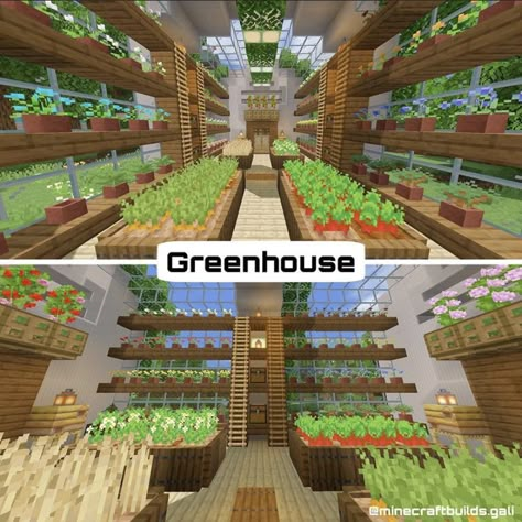 Minecraft Underground Greenhouse, Minecraft Building Ideas No Texture Pack, Minecraft Farm Greenhouse, Glasshouse Minecraft Ideas, Minecraft Medieval Greenhouse, Minecraft Greenhouse Ideas Interior, House Building Ideas Minecraft, Minecraft Greenhouse Interior, Greenhouse In Minecraft