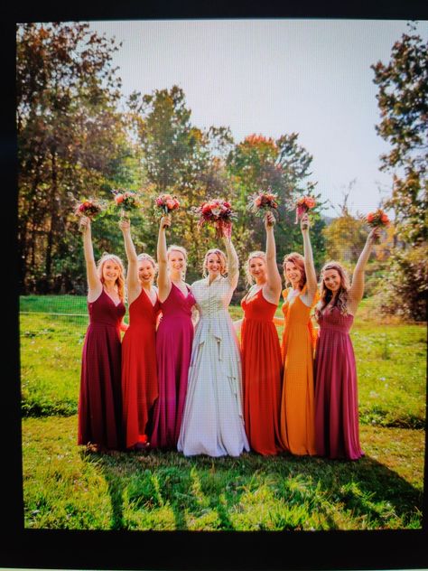 Bridesmaid Dresses Shades Of Orange, Sunset Wedding Colors Bridesmaids, Sunset Bridesmaids, Multi Colored Bridesmaid Dresses, Bridesmaid Dress Shades, Sunset Wedding Colors, Bright Bridesmaid Dresses, Tangerine Wedding, Summer Desert