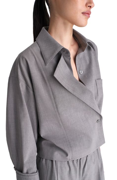 An extra panel adds modern style points to a dusky grey button-up cut from seasonless stretch wool. Front button closure Spread collar Single lapel Long sleeves 97% wool, 3% elastane Dry clean Made in the USA Next Chapter, Heather Grey, Modern Style, Button Up Shirts, Made In The Usa, Button Up, Nordstrom, Long Sleeves, Wool