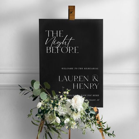 Rehearsal Dinner Signage, Edgy Glam Wedding, Black And White Rehearsal Dinner, White Rehearsal Dinner, Rehearsal Dinner Inspiration, Rehearsal Dinner Sign, Rehearsal Dinner Welcome Sign, Wedding Entrance Sign, Signs Business