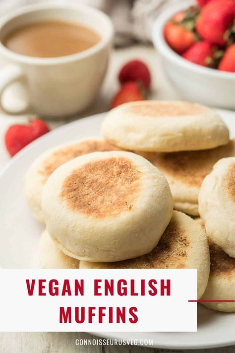 These vegan English muffins are soft, fluffy, and easy to make! Perfect for slathering with jam and vegan butter or stuffing with your favorite sandwich fillings. Vegan English Muffin Recipe, Vegan English Muffins, English Muffins Recipe, Vegan Bread Recipe, English Muffin Recipes, Vegan Breakfast Easy, Simple Pantry, Vegan Muffins, Pantry Ingredients