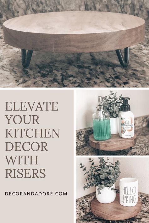 A simple way to add seasonal decor to a small space or surface is with a riser. Check out my blog post to read how I styled mine and to browse similar items for your own home.   #homedecor #farmhousedecor #riser #tieredtray #kitchen #kitchen decor Small Riser Decor, Kitchen Sink Pedestal Tray, Kitchen Sink Area Decor Ideas, Next To Kitchen Sink Decor, Diy Kitchen Riser, Kitchen Turntable Decor, How To Use Risers In Decor, How To Decorate With Risers, Kitchen Riser Ideas