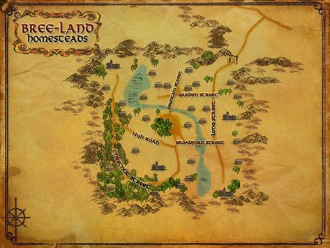 The Bree-land Homesteads entrance can be found in the Midgewater Marshes, south of the Great East Road heading towards The Lone-lands. They contain player housing in the rustic timber and stone style of the Race of Man. Tolkien Map, Minas Tirith, Lord Of The Ring, Middle Earth Map, Into The West, Lotr Art, Terrain Map, The Shire, Fantasy Map