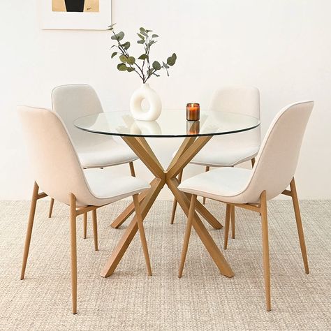 Wade Logan® Folmar 5 - Round Glass Top Pedestal Dining Set & Reviews | Wayfair Small Round Dining Table, Glass Dining Table Set, Linen Dining Chairs, Glass Round Dining Table, Round Dining Table Sets, Oversized Furniture, Round Dining Room, Round Dining Set, Oak Dining Chairs