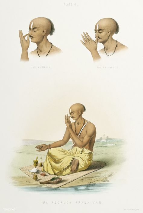 1. Pooruck Pranaiyam 2. Kumbuck 3. Raichuck from The Sundhya or the Daily Prayers of the Brahmins (1851) by Sophie Charlotte Belnos (1795–1865). | free image by rawpixel.com Yogic Art, Pranayama Benefits, Asana Yoga Poses, Ayurveda Vata, Alternate Nostril Breathing, Anahata Chakra, Balanced Mind, Bikram Yoga, Vedic Art