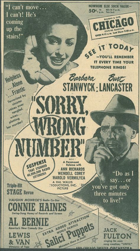 Sorry Wrong Number- absolutely thrilling buildup and climax! Barbara Stanwick in one of her best roles. Sorry Wrong Number, Ann Richards, Classic Film Noir, Russian Constructivism, Movie Ads, Modern Graphic Art, Number Poster, Film Institute, Barbara Stanwyck