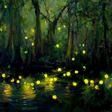 Sleepy lagoon moon forest swamp creek fairy lights floating glow arabesque tiny boat trees moss night Louisiana beautiful 4K Impressionism jazz green fireflies Swamp Lights, Dream Paintings, Firefly Painting, Moon Forest, Tiny Boat, Firefly Art, Pond Painting, Forest Light, Night Forest