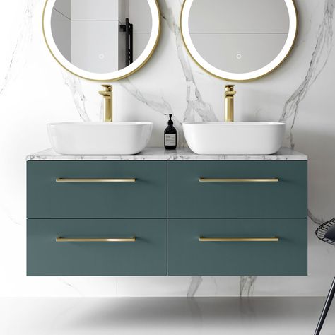 Green Vanity, Double Basin Vanity Unit, Freestanding Bath Taps, Drawer Vanity, Midnight Green, Basin Vanity Unit, White Shower, Bathroom Units, Brass Bathroom