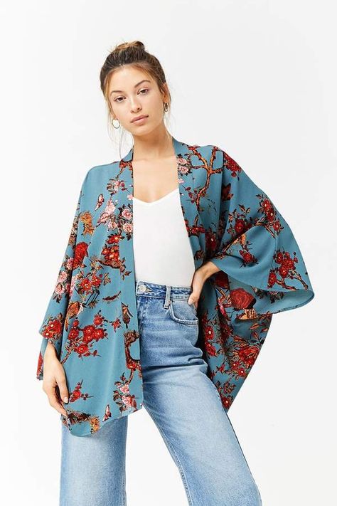 Forever 21 Floral Print Open-Front Kimono Look Kimono, Kimono Outfits, Kimono Outfit, Estilo Hippie, Boho Chic Outfits, Boho Kimono, Thrift Fashion, Abaya Fashion, Fashion Design Clothes