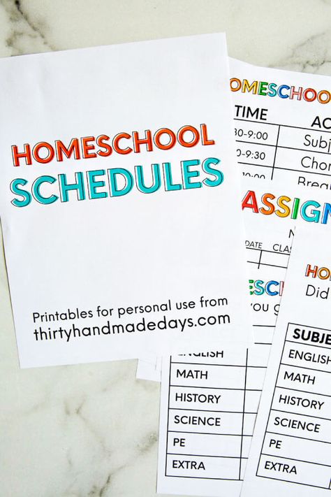 Need some structure while you stay at home? Use my printable homeschool schedule and coordinating sheets! Assignments, daily schedule and more from www.thirtyhandmadedays.com Printable Homeschool Schedule, Homeschool Daily Planner, Kindergarten Homeschool Schedule, Homeschool Schedule Template, Homeschool Daily Schedule, Daily Schedule Printable, Block Scheduling, Printable Kindergarten, Homeschool Routine