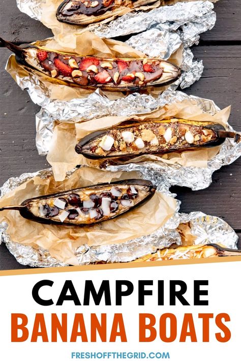 Grilled Banana Boats, Gourmet Camping Food, Campfire Banana Boats, Campfire Bananas, Banana Boats, Campfire Desserts, Camping Desserts, Camping Snacks, Grill Outdoor