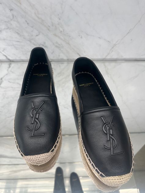 YSL espadrille summer fashion 2023 Luxury Leather Espadrilles With Textured Sole, Designer Leather Luxury Espadrilles, Designer Black Leather Espadrilles, Ysl Espadrilles, Luxury Black Leather Espadrilles, Sneakers Street, Luxury Slip-on Espadrilles With Stitched Sole, Sneakers Street Style, Espadrilles