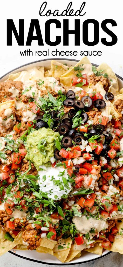 Loaded Ground Beef Nachos - Carlsbad Cravings Queso Nachos, Ground Beef Nachos, Loaded Nachos Recipe, Best Nacho Recipe, Homemade Nacho Cheese Sauce, Super Nachos, Nachos Loaded, Nachos Recipe Beef, Nacho Recipe