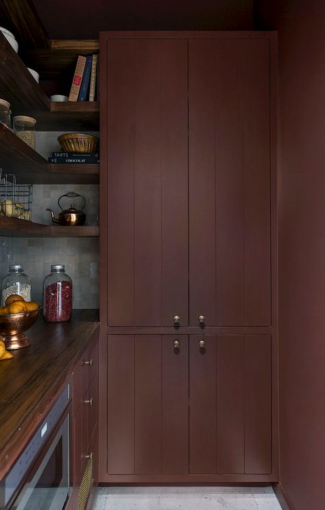 Burgundy Mudroom, Moody Butlers Pantry, Maroon Kitchen Cabinets, Red Mudroom, Flatlet Ideas, Moody Pantry, Stable House, Dark And Moody Interiors, Marie Flanigan Interiors