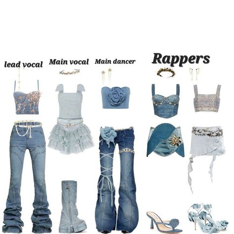 Kpop Denim Outfit, Blue Performance Outfit, Denim Stage Outfit, Blue Stage Outfit, Blue Concert Outfit, Kpop Performance Outfit, Group Stage Outfits, Lolla Outfits, Coachella Inspired Outfits