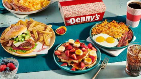 Next time you head out to brunch, take a few of our Denny's coupons with you to order the breakfast of champions at an unbeatable price! Load up on bacon, eggs, and all of the other good stuff with one of our promos like 10% discounts to treat the whole table to a great meal Dennys Coupons, Diner Food, Kids Eat Free, Feeling Guilty, Panera Bread, Steak And Eggs, Brioche Buns, Breakfast Menu, Classic Kids