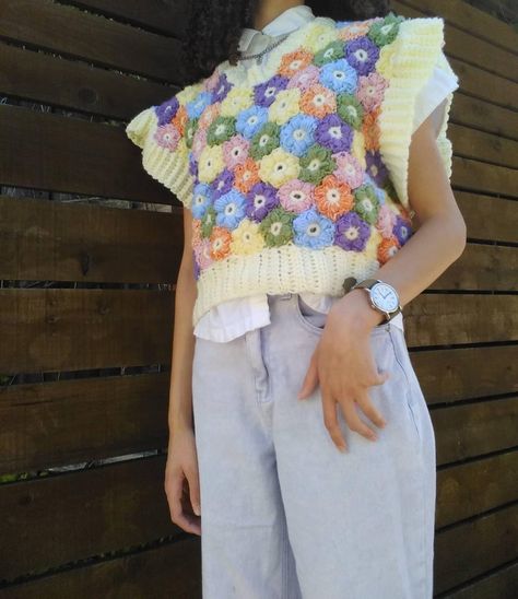 Flower Puff Crochet, Puff Flower Crochet Pattern, Puff Sweater, Floral Crochet Sweater, Puff Flower, Crochet Puff Flower, Pinterest Feed, Crochet Jumper, Flower Sweater