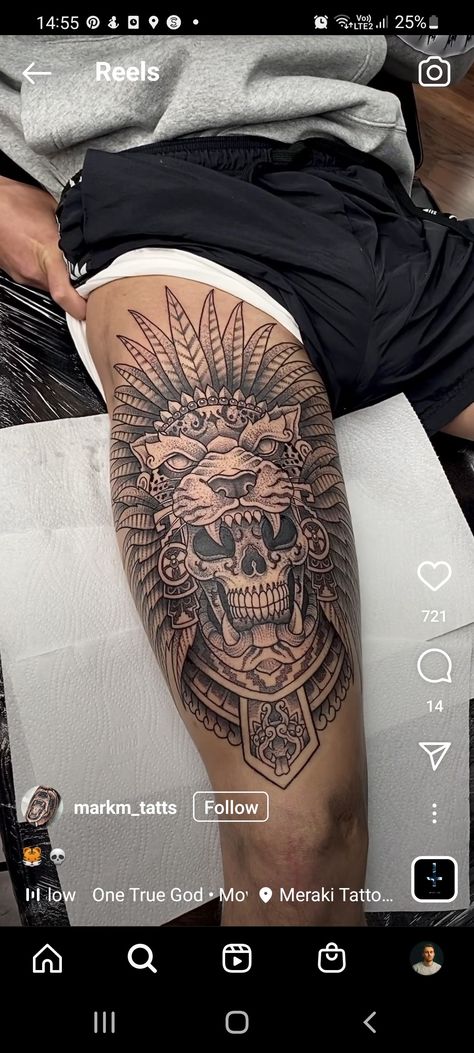 Lion Leg Tattoo, Skull Thigh Tattoos, Lion Tattoo On Thigh, Simple Leg Tattoos, Thigh Tattoos For Women, Upper Leg Tattoos, Thigh Tattoo Men, Best Leg Tattoos, Mayan Tattoos