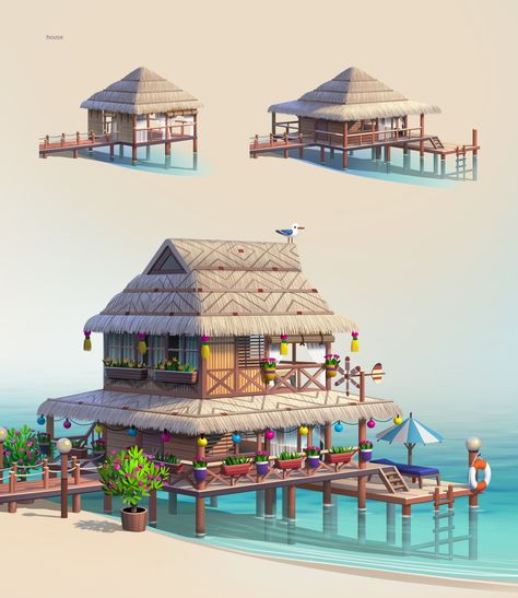 Beach House Concept Art, Fantasy Beach House, Tiki Background, Tropical Bungalow, Game Level Design, Character Design Illustration, Beach Bungalow, House Games, Water House