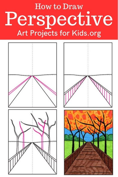 Perspective Elementary Art, Teaching Perspective In Art, Easy Perspective Drawing Step By Step, Perspective Art Lessons Elementary, Kindergarten How To Draw, Elementary Drawing Lessons, Art Perspective Reference, How To Draw Tutorials Step By Step, Easy How To Draw Step By Step