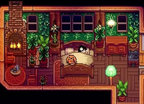 Cozy bedroom Stardew Valley Bedroom Layout, Stardew Valley Sewing Room, Cute Stardew Valley Starter Outfits, Stardew Bedroom Design, Stardew Valley Bedroom Ideas, Stardew Room Design, Stardew Valley Decor, Stardew Bedroom, Stardew Valley House Interior 1.6