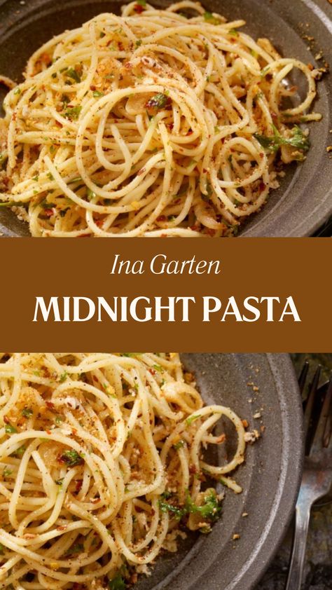 Ina Garten Midnight Pasta Garlic Red Pepper Pasta, Ina Garden Dinner Recipes, Parmesan Pasta Side Dish, Red Pepper Flakes Pasta, Pasta And Olive Oil Recipes, Best Simple Pasta Recipe, Good Meal Recipes, Pasta With Olive Oil Sauce, Pasta With Nuts Recipe