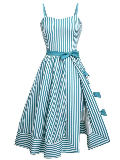 Turquoise 1950s Stripes Romper & Skirt – Retro Stage - Chic Vintage Dresses and Accessories Affordable Summer Outfits, Vintage Striped Summer Dresses, Retro Spring Dresses With Bow, Vintage Summer Dresses With Bow, 1950s Style Blue Summer Dress, 1950s Blue Summer Dress, Blue 1950s Style Summer Dress, Turquoise Dresses, Maryellen Larkin