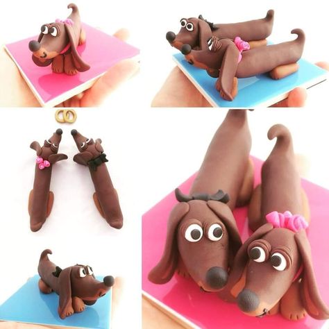 Fondant Dachshund, Handmade Sausage, Clay Cake Toppers, Dachshund Cake, Dachshund Wedding, Fondant Dog, Dog Wedding Cake Topper, Dog Wedding Cake, Polymer Clay Cat