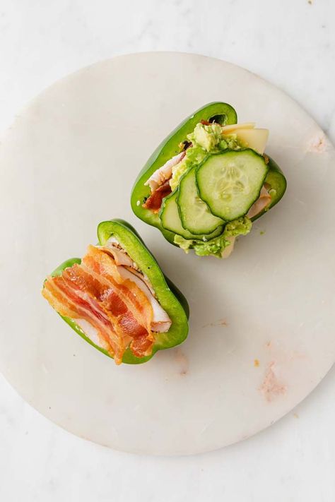 This Bell Pepper Sandwich is perfect for a low-carb lunch! The recipe is nut-free, coconut-free, egg-free, gluten-free, grain-free, and can easily be made dairy-free. For a keto-friendly option, eat the sandwich open-faced, which will decrease the net carbs per serving. Whip one up in 10 minutes flat for a satiating and delicious meal! #bellpeppersandwich #lowcarblunch #lowcarbsandwich Bell Pepper Sandwich, Diet Desserts Recipes, Low Carb Sandwiches, Pepper Sandwich, Primal Diet, Diet Dinner Recipes, Open Faced Sandwich, Keto Lunch Ideas, Low Carb Salad