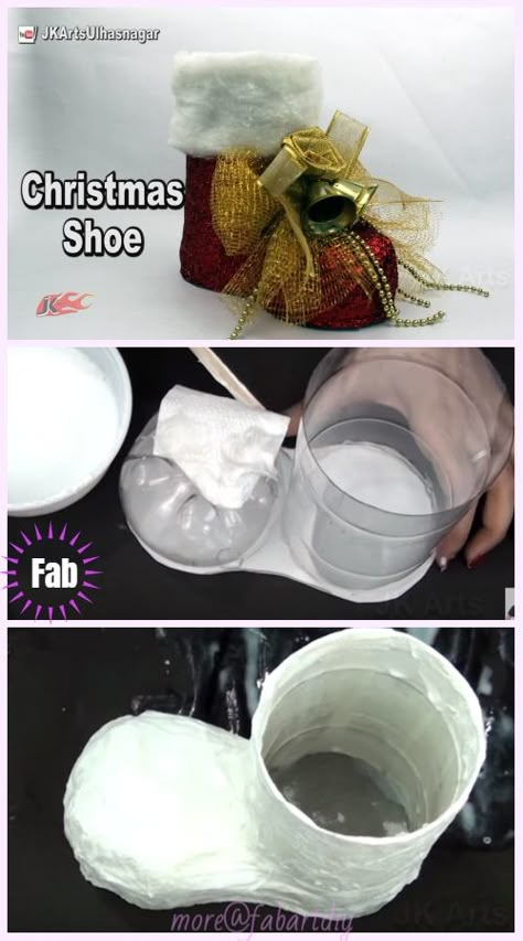 Christmas Crafts: DIY Plastic Bottle Santa Boots Holder Tutorial - Video Julkransar Diy, Jul Diy, Diy Plastic Bottle, Christmas Boots, Santa Boots, Christmas Shoes, Plastic Bottle Crafts, Navidad Diy, Easy Christmas Crafts