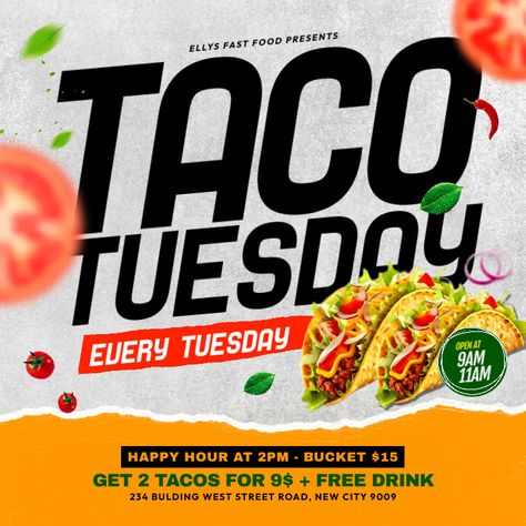 Taco Poster Design, Taco Tuesday Flyer, Tacos Tuesday, Instagram Restaurant, Restaurant Template, Restaurant Flyers, Instagram Template Free, Party Flyers, Restaurant Flyer