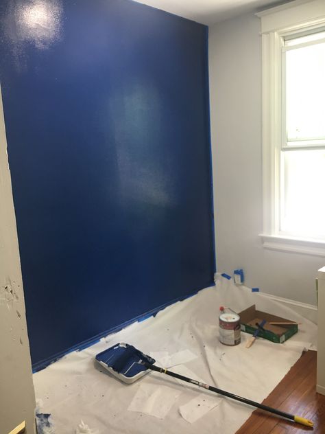 Admiral Blue Behr paint: accent wall in small boy’s bedroom. Diego’s room phase 1. Behr Paint Accent Wall, Accent Wall Dark Blue, Blue Behr Paint, Paint Accent Wall, Blue Accent Wall, Men Bathroom, Behr Colors, Admiral Blue, Blue Accent Walls