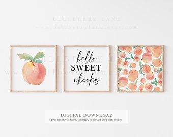 Peach nursery decor | Etsy Peach Theme Nursery, Cute Bathroom Prints, Peach Room Ideas, Peachy Clean Bathroom, Peach Themed Bathroom, Cute Bathroom Themes, Peachy Clean, Peach Bedroom, Peach Nursery