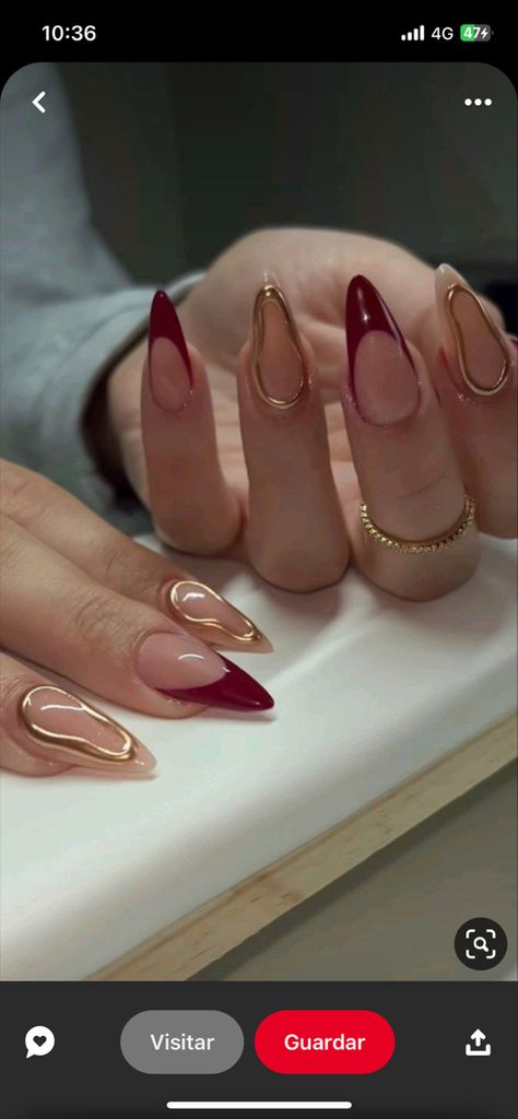 Maroon And Gold French Tip Nails, Maroon Nails With Gold Design, Berry Red Nails Art Designs, Oxblood Nails Acrylic, Burgundy Nail Designs Almond, Burgundy Nails With Gold Design, Thanksgiving Nails Maroon, Almond Nails Designs November, Burgundy Birthday Nails