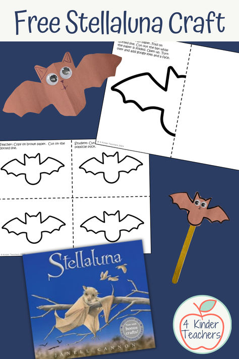 bat craft templates and the finished bat craft as well as the book stellaluna Stella Luna Craft, Preschool Nocturnal Animals, Stellaluna Craft, Bat Activities For Kids, Stellaluna Crafts, Bat Lessons, Stellaluna Activities, Bat Crafts, Crafts For Kindergarten