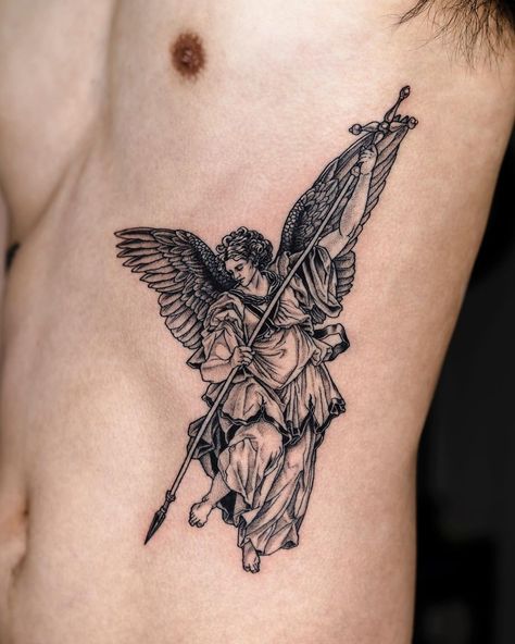 Arch Angel Micheal Tattoo, Angel Rib Tattoo Men, Greek God Angel Tattoo, Michael The Angel Tattoo, Men’s Tattoo Back, Arc Angle Michael Tattoo, Angel Greek Tattoo, Angel Michael Tattoo Design, Raphael Angel Tattoo