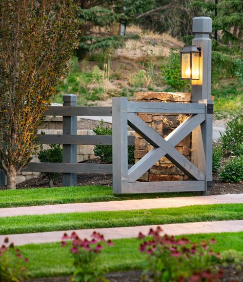 Mountainside Refuge | Sunline Landscapes Natural Stone Retaining Wall, Driveway Entrance Landscaping, Farm Entrance, Garden Gates And Fencing, Driveway Entrance, Farm Gate, Stone Retaining Wall, Driveway Design, Light The Way