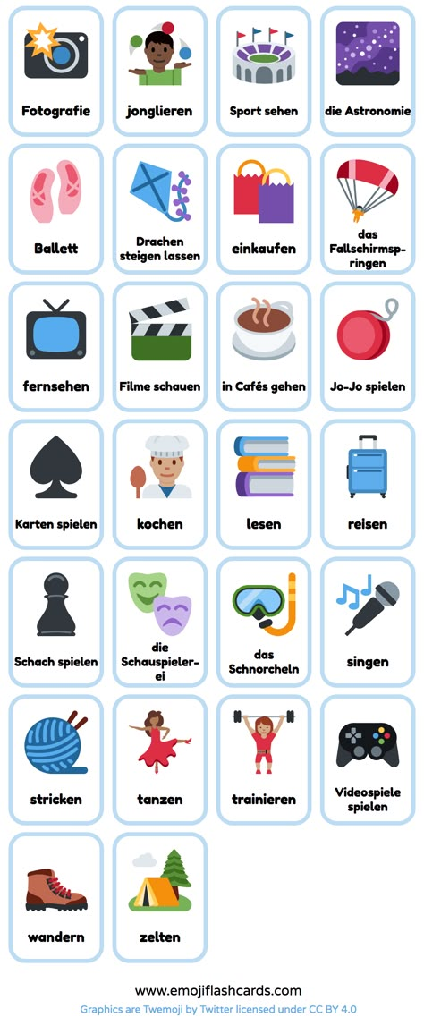 Hobbies In German, German For Beginners Learning, German Flashcards Printables, German Vocabulary Flashcards, German Language Learning Worksheets, German Lesson Plans, German Flashcards, Online Flashcards, Learning German Worksheets