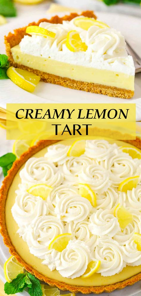 This lemon tart has a sweet, tart and creamy lemon filling, with a fluffy whipped cream topping! It’s perfect for summer and so easy to make! Plus, the presentation is beautiful! Lemon Cream Tart Recipe, Recipes With Fresh Lemons, Summer Lemon Desserts, Tart Recipes Easy, Lemon Crostata, Tart Filling Recipes, Lemon Tart Filling, Easy Lemon Desserts, Fresh Lemon Recipes