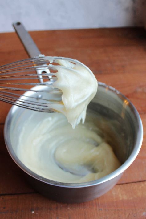 This whipped cream cheese frosting is so light and fluffy.  It has the tang of cream cheese and just enough sweetness to make it taste like frosting.  There's no powdered sugar, but you do make a milk, flour and sugar paste before you whip it up.  If you like boiled milk frosting, you are going to love this cream cheese ermine frosting! Boiled Milk Frosting Recipe, Frostings For Cakes, Boiled Frosting Recipe, Flour Frosting Recipe, Boiled Milk Frosting, Boiled Frosting, Milk Frosting, Cooked Frosting, Ermine Frosting