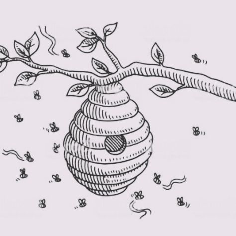 Hive Drawing, Beehive Drawing, Bee Outline, Bee Rocks, Branch Drawing, Starbucks Cup Art, Bee Drawing, Nature Sketch, Digital Portraits